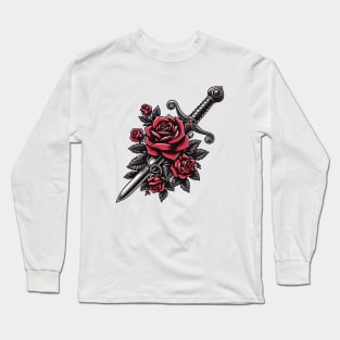 Tattoo Art - Dagger with roses Long Sleeve T-Shirt